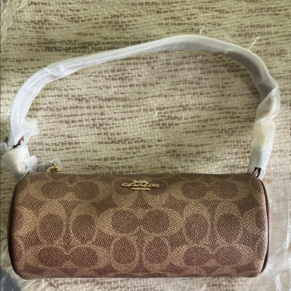 NWT Coach Brown Signature Cylinder Shoulder Bag with Gold Logo